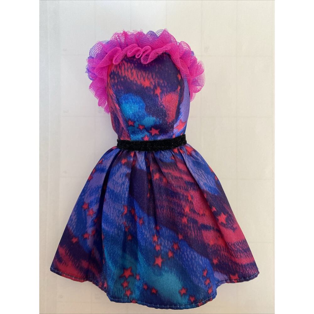 Barbie VTG Shiny Strapless Party Dress Stars Ruffles Pink Purple Blue Cocktail